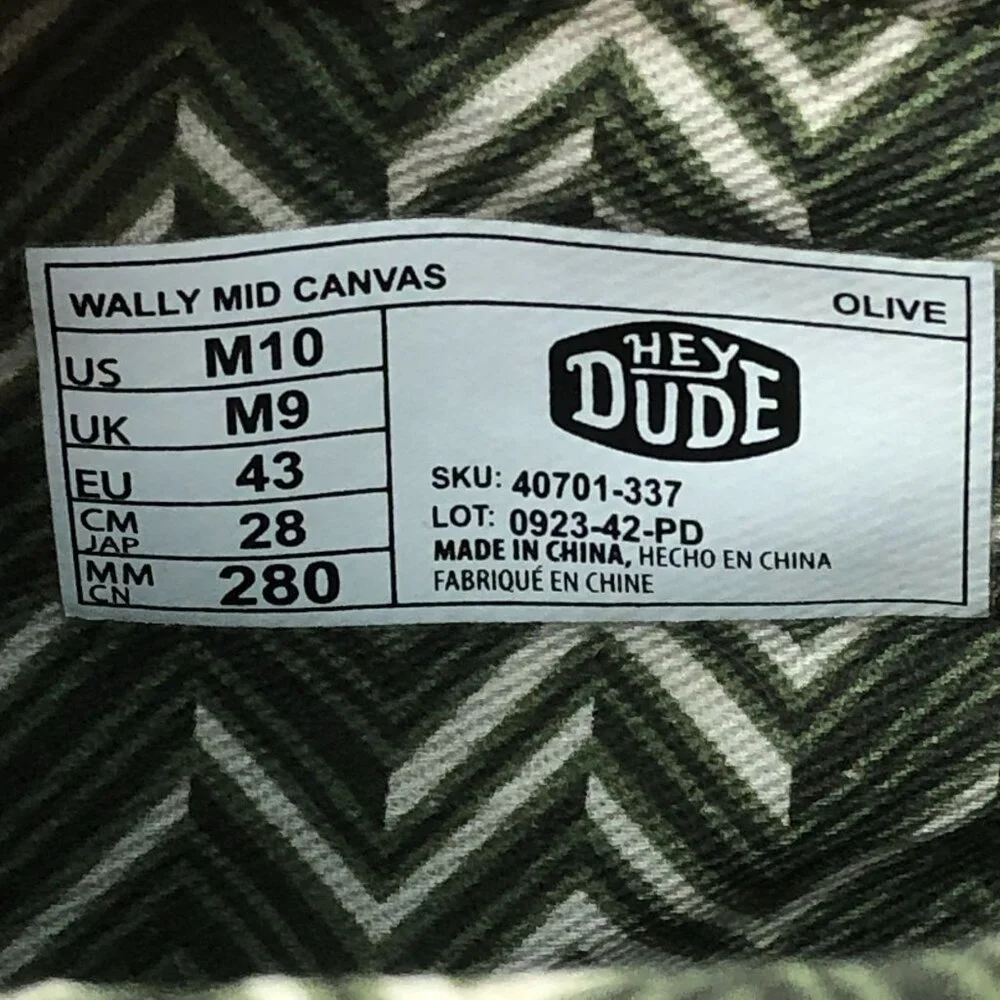 Hey Dude Men's Size 10 Wally Mid Canvas Olive Green Casual Slip On Shoes Ankle